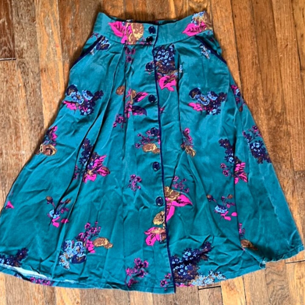 Modcloth Sold Out Teal Floral Midi Skirt w/ Pockets Sz S